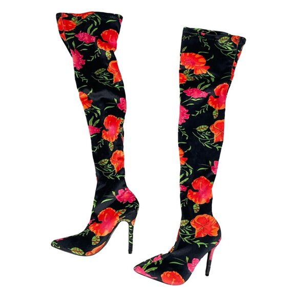 CAPE ROBBIN Boots Black Red Flowers Over the Knee Heels Velour Fabric Size 6 M - Picture 2 of 7